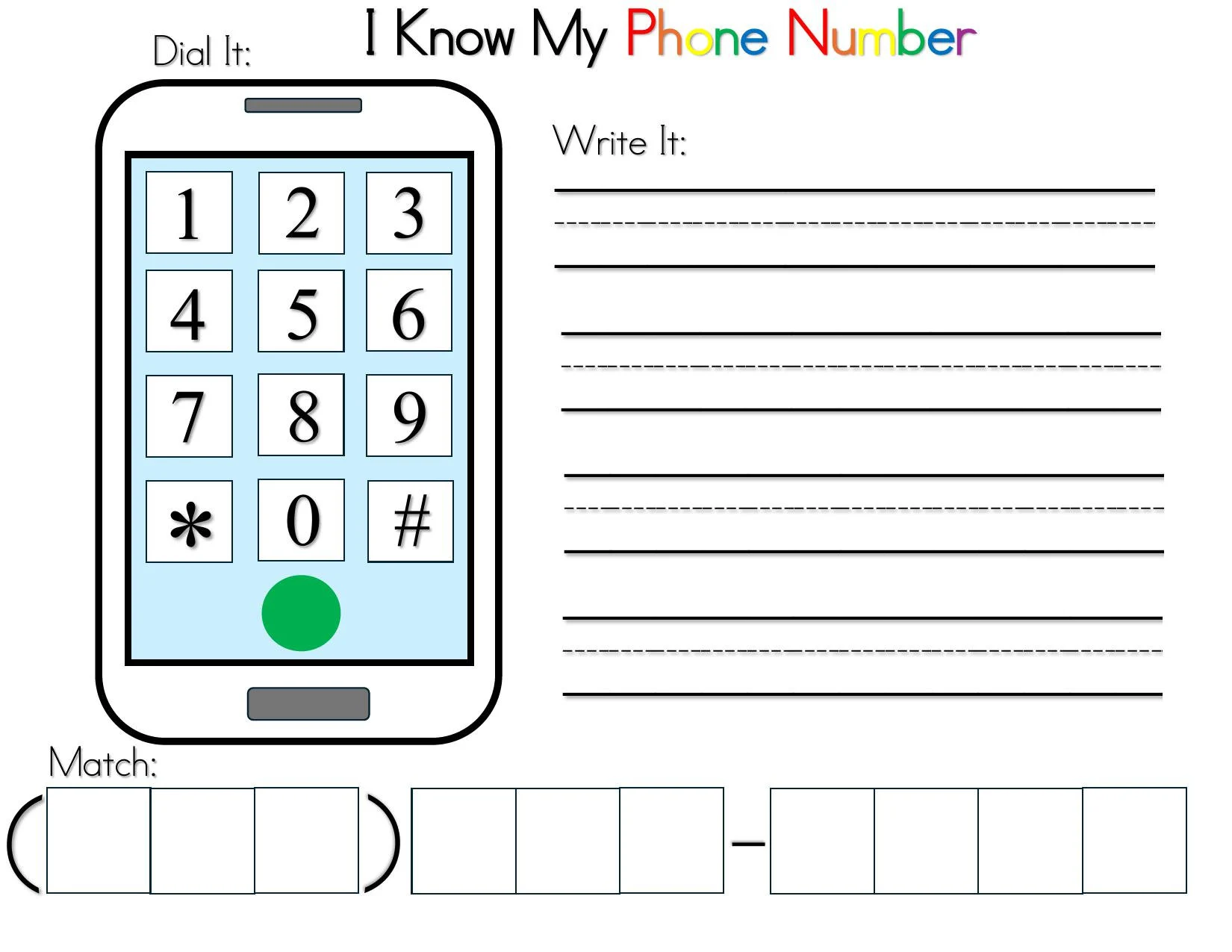 Cute worksheet for teaching young children their phone number