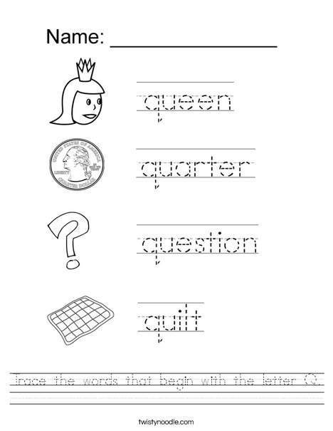 Worksheet featuring items that begin with the letter Q for phonics practice