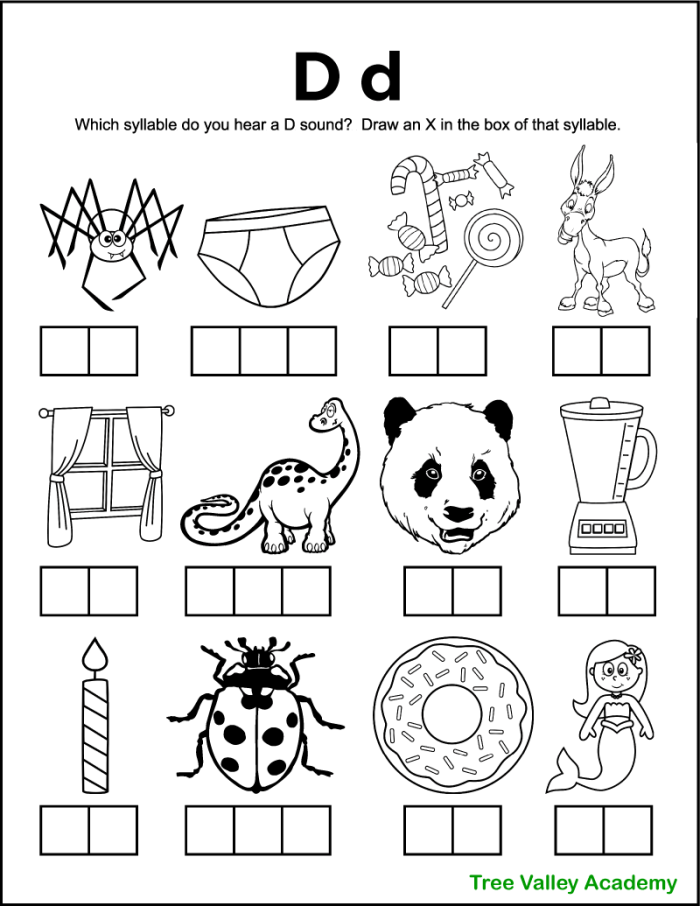 Pre-K phonics worksheet for identifying objects that begin with the letter D