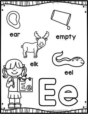 Pre-K phonics worksheet for identifying words and objects that begin with the letter E