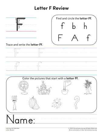 Pre-K phonics worksheet featuring various objects for children to identify items starting with the letter F