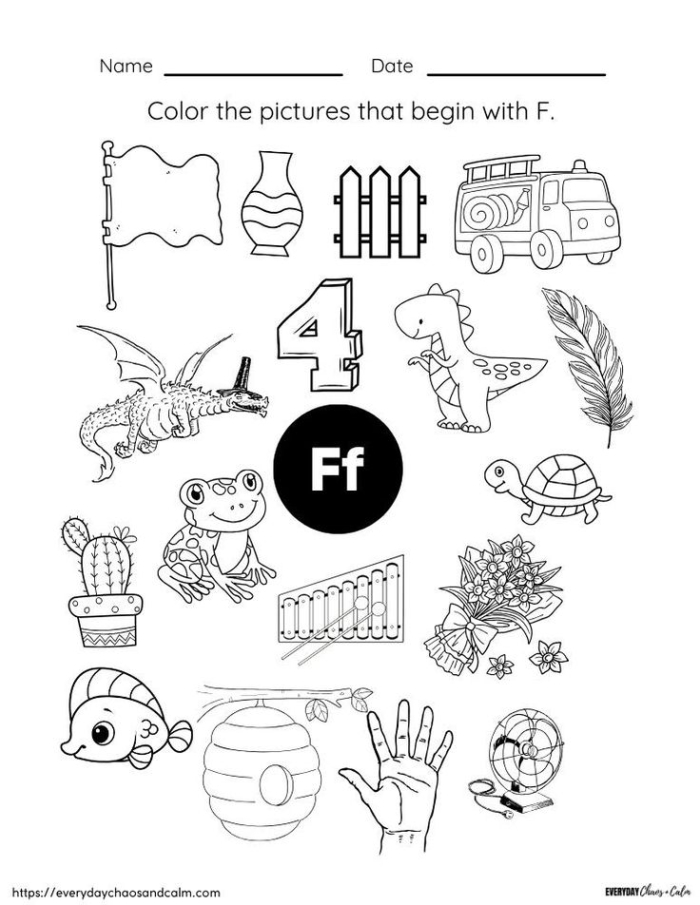 Pre-K phonics worksheet for identifying objects that begin with the letter F