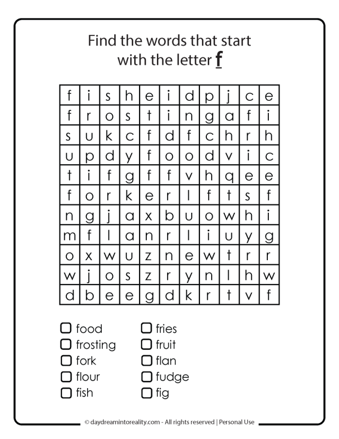 Worksheet featuring items that begin with the letter F for phonics practice. Fun phonics activity for Pre-K kids to identify F-words.