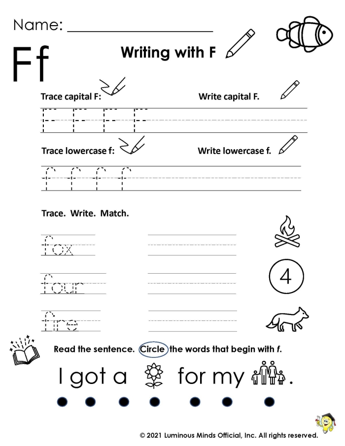 Pre-K phonics worksheet for letter F with various objects to identify