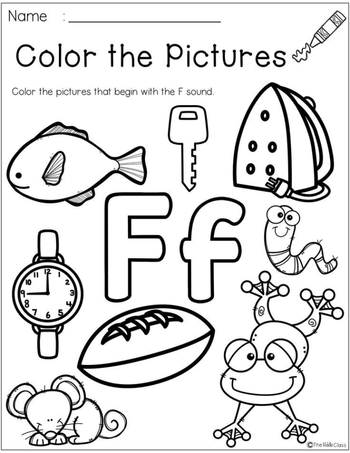 Pre-K phonics worksheet for practicing the letter F with colorful illustrations to identify