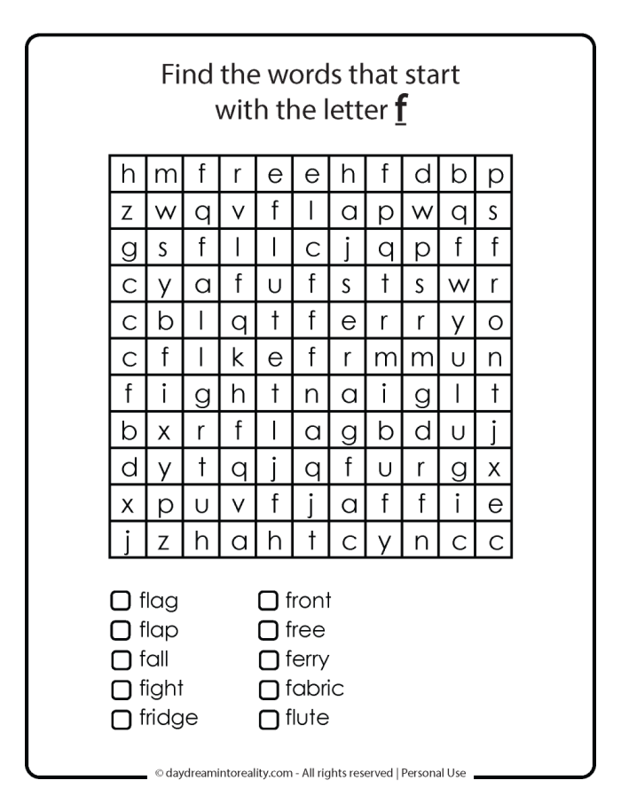 Worksheet featuring items beginning with the letter F for phonics practice