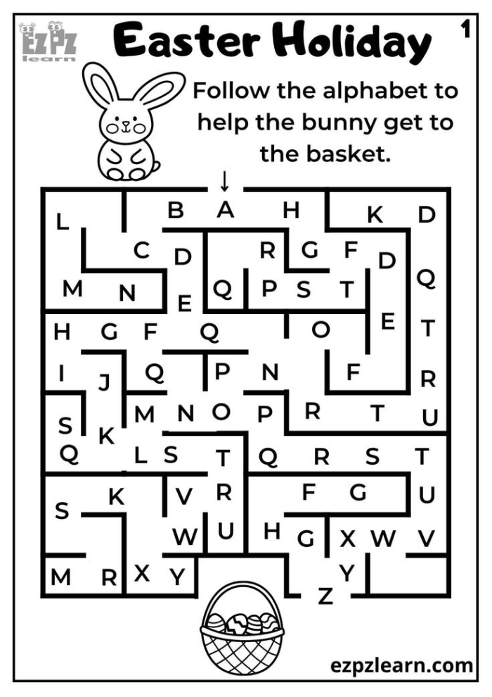 Easter Alphabet Maze worksheet for Pre-K phonics practice featuring a bunny path