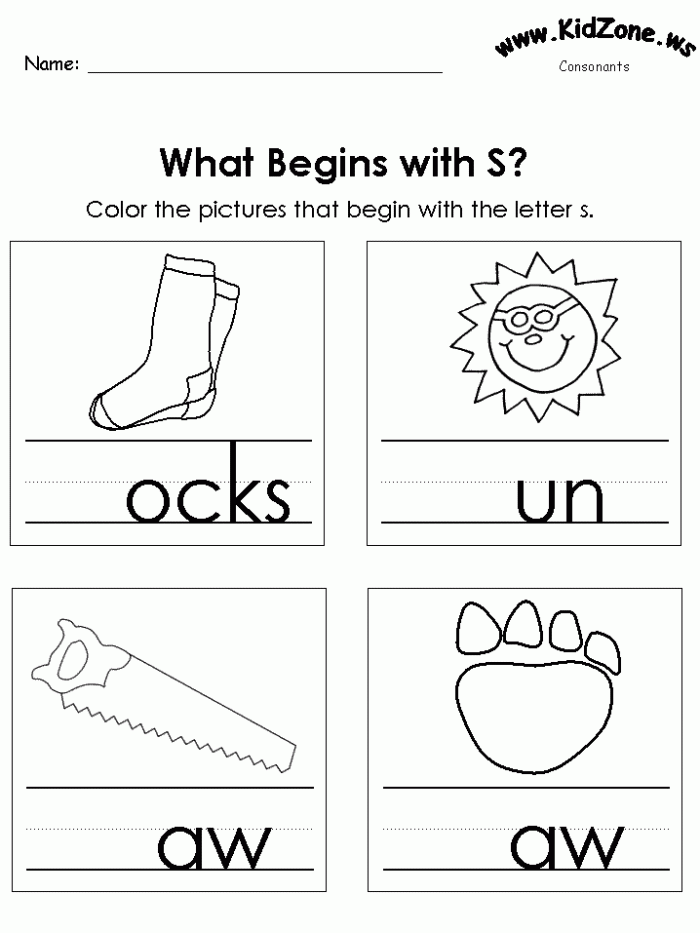 Worksheet featuring various objects that start with the letter S for phonics practice