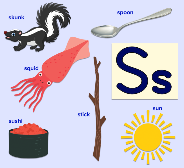 Pre-K phonics worksheet featuring various objects that begin with the letter S
