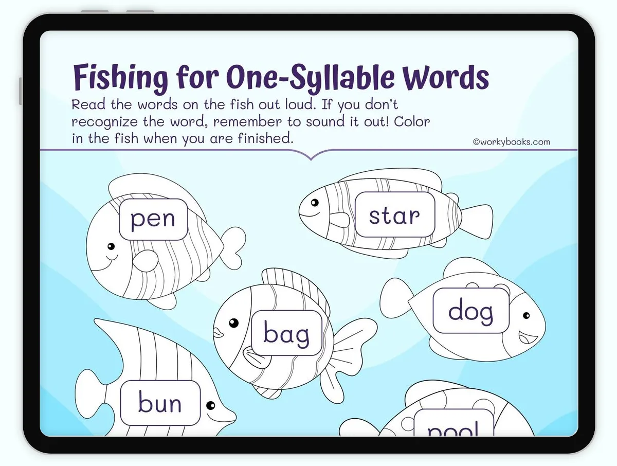 Pre-K student working on a One Syllable Word Search worksheet to practice vocabulary skills