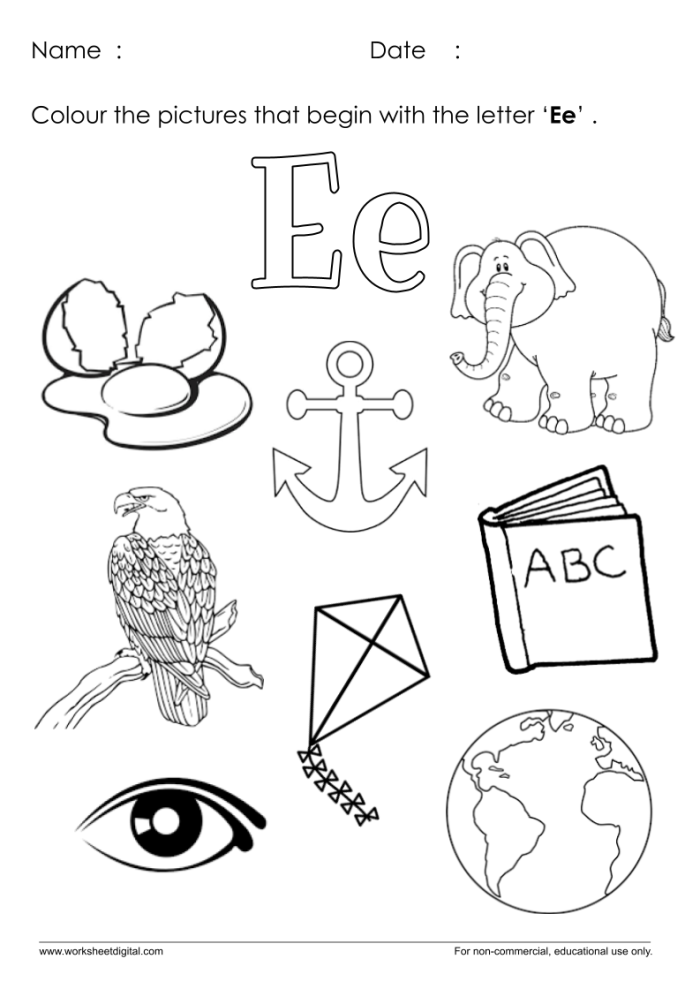 Worksheet illustrating items beginning with the letter E for phonics practice. Engaging "Things that Start with E!" worksheet for Pre-K children.