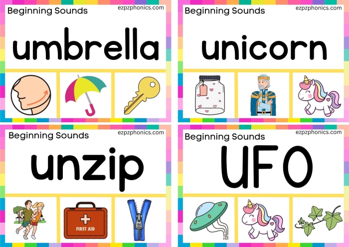 Worksheet featuring items that begin with the letter U for phonics practice