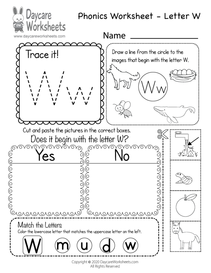 Pre-K phonics worksheet featuring educational activities for items beginning with the letter W