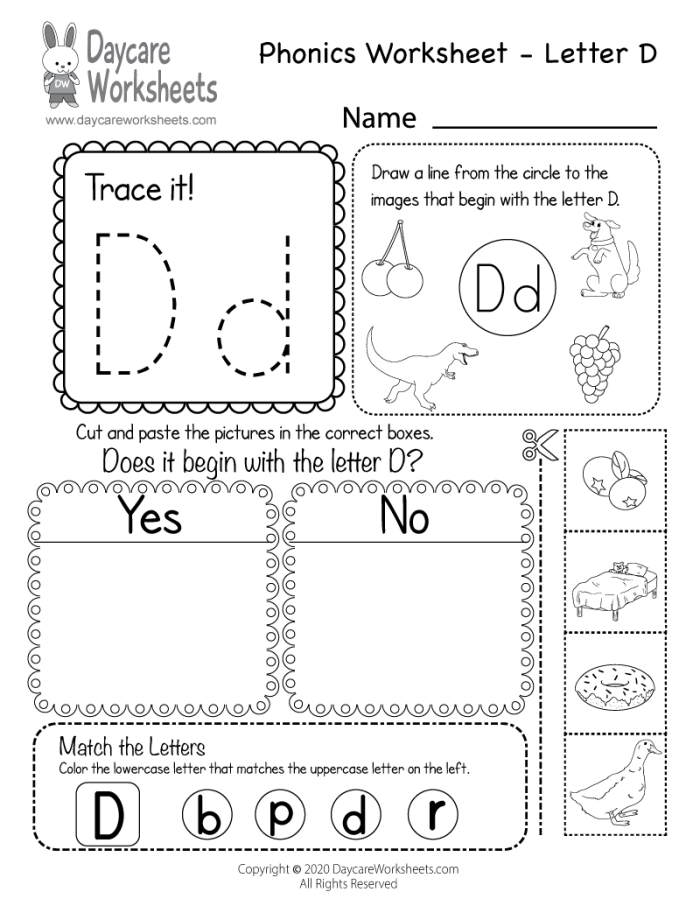 Pre-K phonics worksheet featuring images of objects that start with the letter D for kids to identify