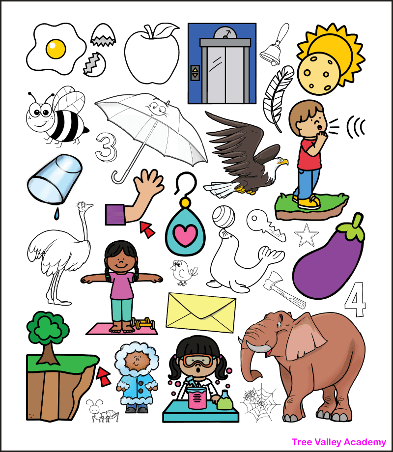 Worksheet featuring items that begin with the letter E to boost phonics skills for Pre-K children. Fun phonics learning game for preschoolers focusing on words that start with E!