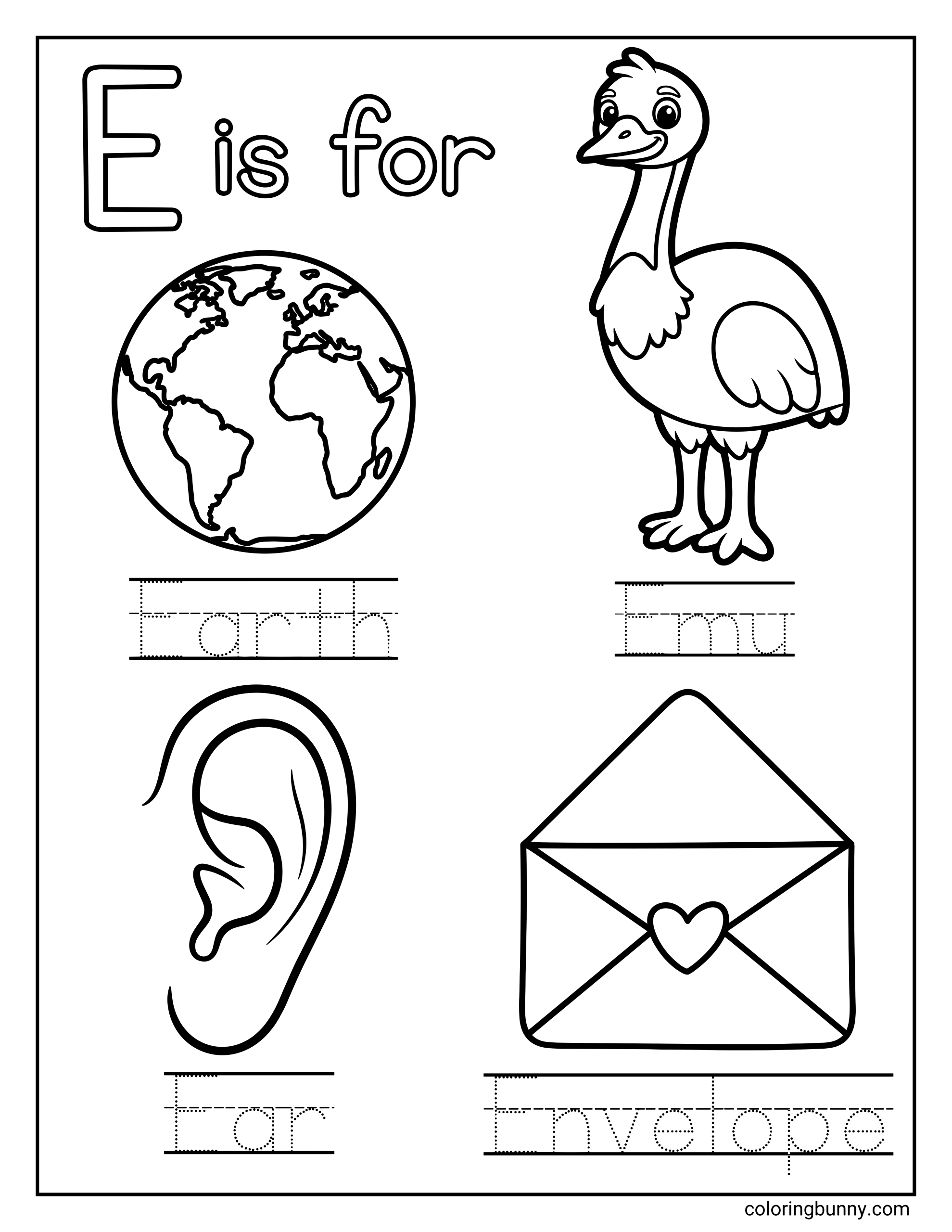 Pre-K phonics worksheet for identifying words and pictures that begin with the letter E