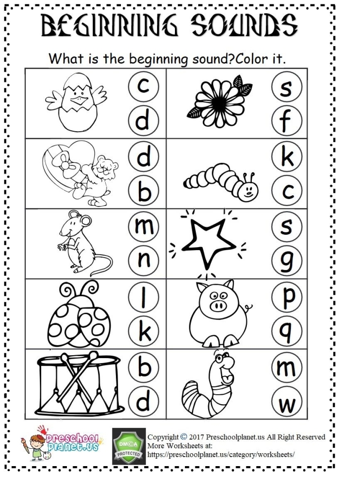 Pre-K phonics worksheet for practicing F and M beginning sounds with monkey and fox coloring activities 10