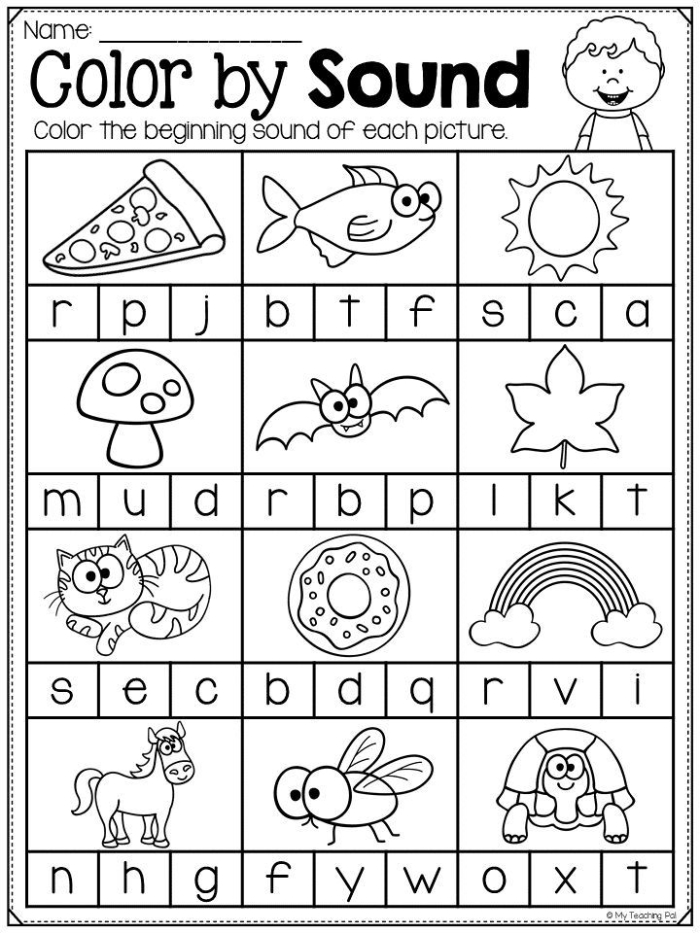 Kids engaging with a phonics worksheet focusing on the beginning sounds of 'F' and 'M' through a coloring activity. Fun worksheet for Pre-K students to learn about monkey and fox sounds.