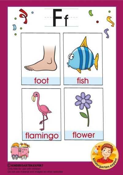Pre-K phonics worksheet featuring various objects for children to identify items that begin with the letter F