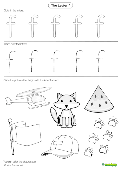 Pre-K phonics worksheet featuring various objects for children to identify items starting with the letter F