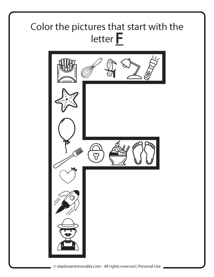 Worksheet featuring objects that begin with the letter F for phonics practice