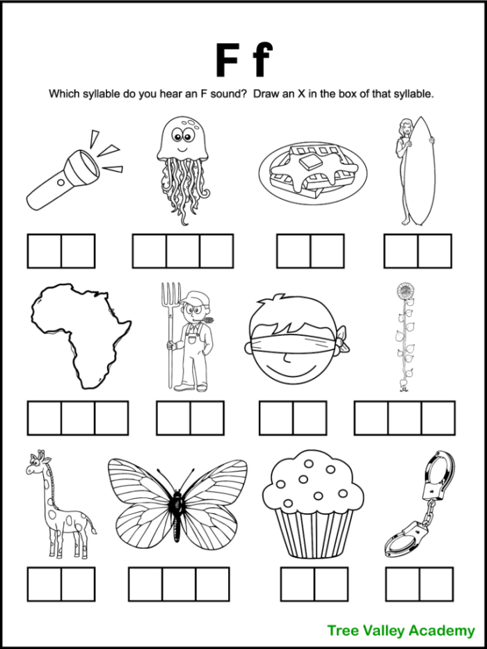 Pre-K phonics worksheet featuring various objects for children to identify things that start with F