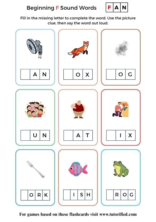 Worksheet featuring items that begin with the letter F, designed for phonics practice in Pre-K. Things that Start with F! worksheet for enhancing alphabet recognition skills.