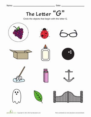 Pre-K phonics worksheet featuring various objects for children to identify items that begin with the letter G
