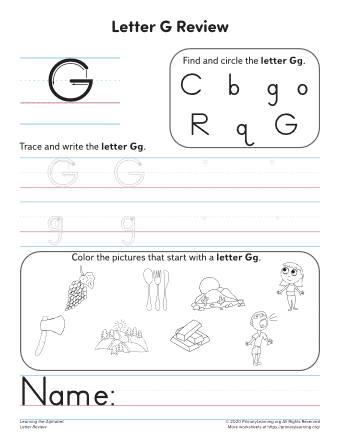 Worksheet featuring items that begin with the letter G for phonics practice