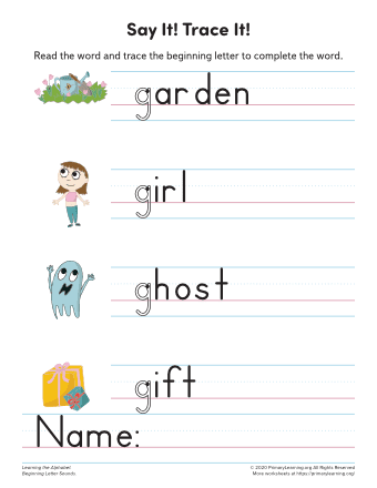 Worksheet featuring items that begin with the letter G for phonics practice