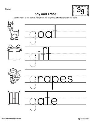 Worksheet featuring items that begin with the letter G for phonics practice