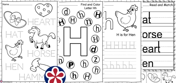 Pre-K phonics worksheet for letter H identification featuring various objects to circle