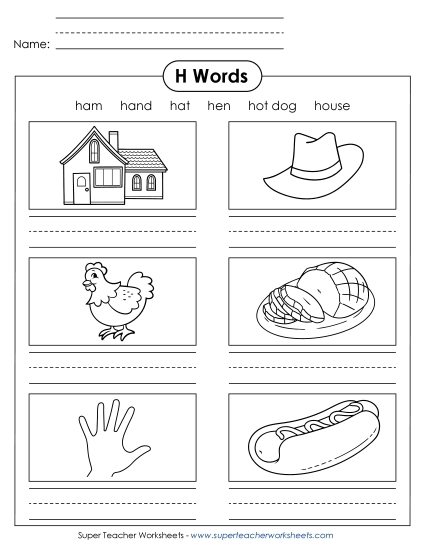 Worksheet featuring items that begin with the letter H for phonics practice