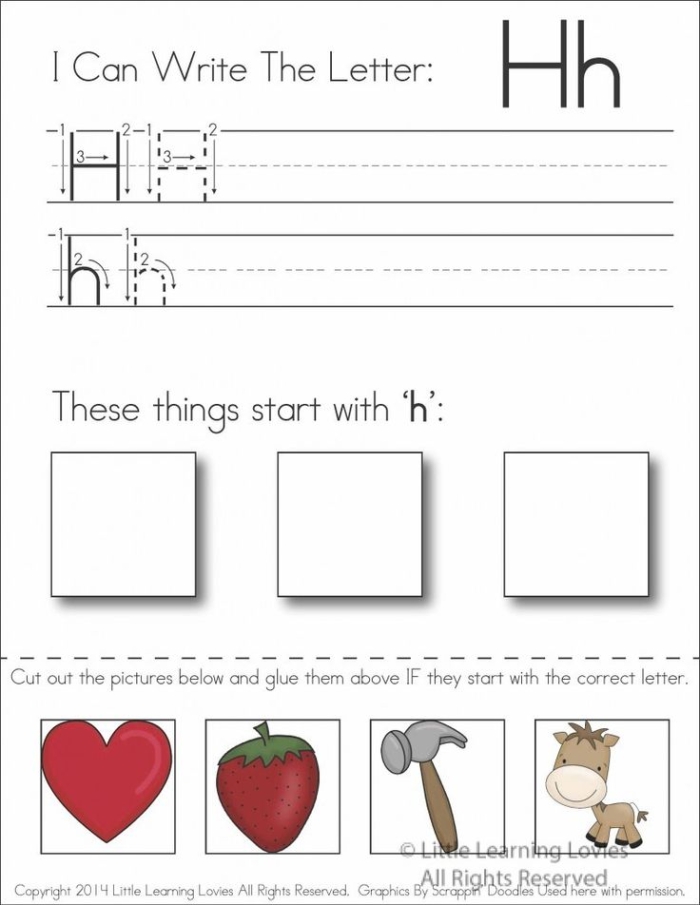 Pre-K phonics worksheet for identifying objects that start with the letter H