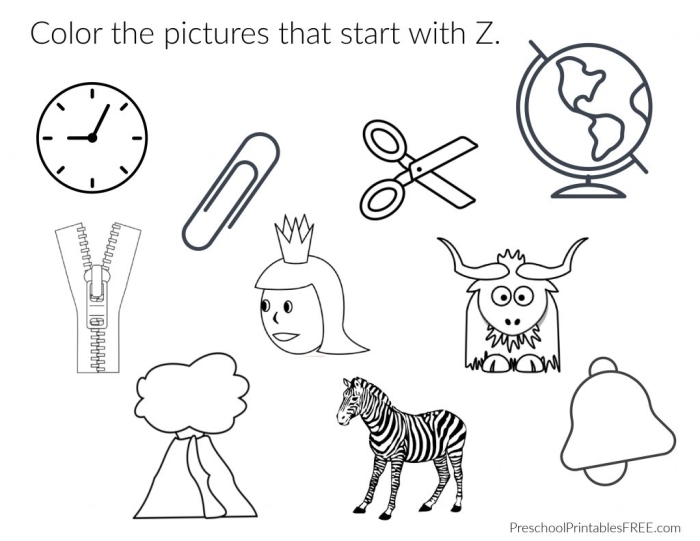 Preschool students identifying pictures that begin with the letter Z on a phonics worksheet