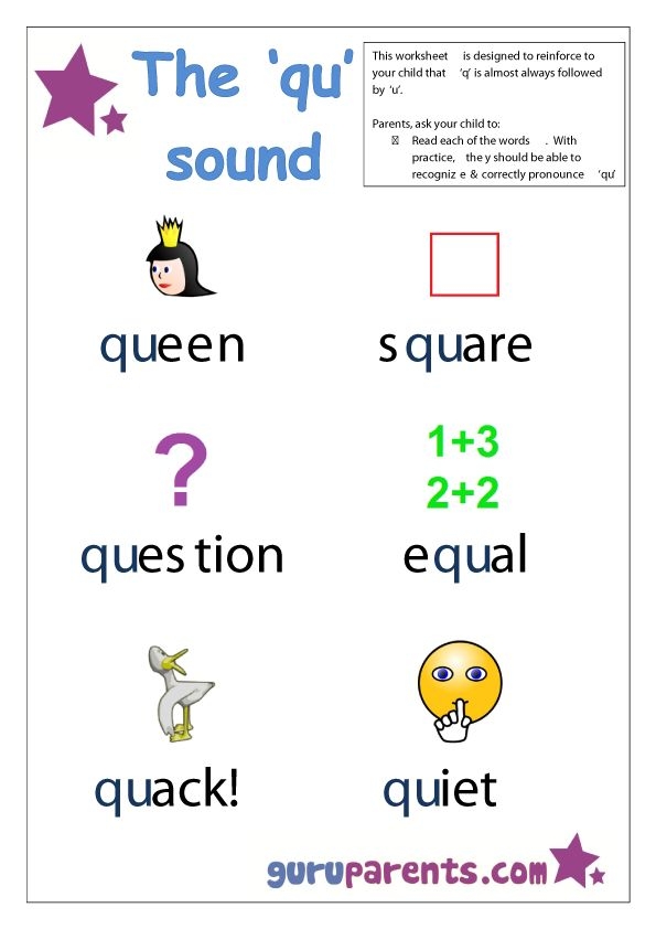 Pre-K phonics worksheet featuring illustrations of various items starting with the letter Q