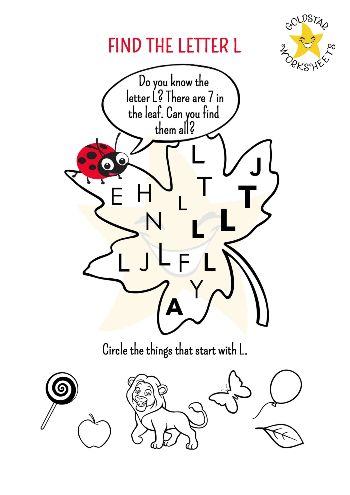 Pre-K phonics worksheet featuring various objects for children to identify items starting with the letter L