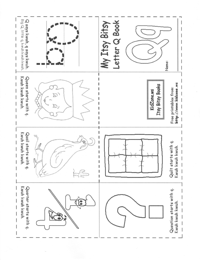 Pre-K phonics worksheet for identifying words and pictures that start with the letter Q