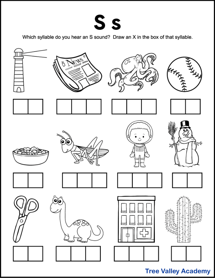 Pre-K phonics worksheet for letter S with various objects to identify