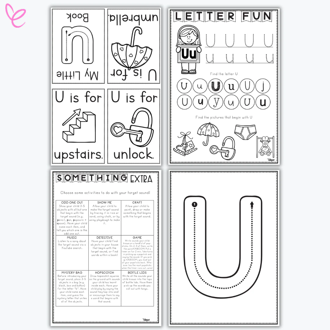 Pre-K phonics worksheet for identifying words and pictures that start with the letter U