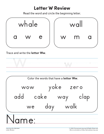 Worksheet featuring items that start with the letter W for pre-K phonics practice