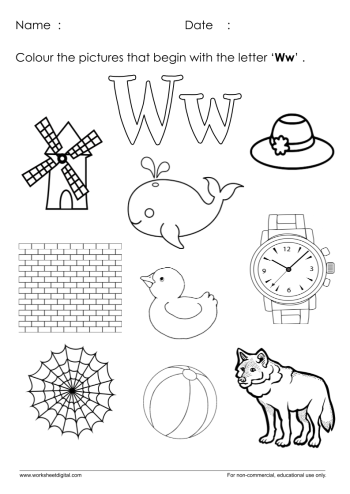 Pre-K phonics worksheet for identifying words and pictures that begin with the letter W