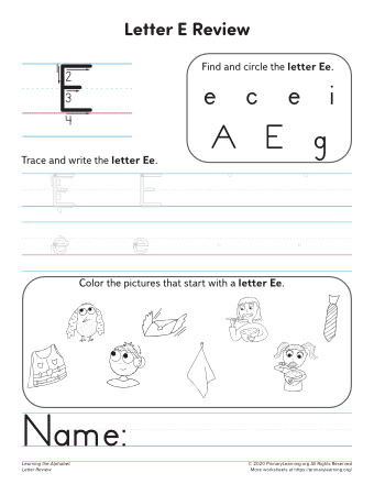 Worksheet featuring items that begin with the letter E for phonics practice. Engaging phonics worksheet for Pre-K students focusing on words that start with E.