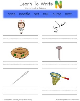 Worksheet featuring items that begin with the letter N for phonics practice