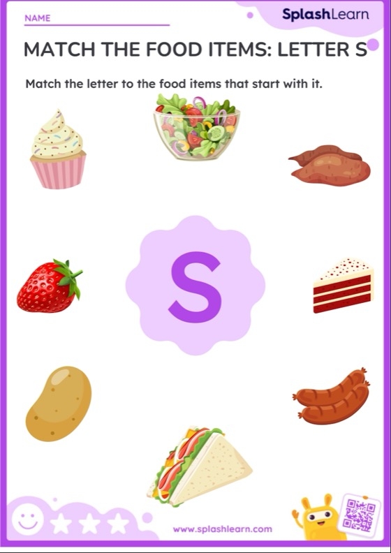 Worksheet showcasing objects that start with the letter S for phonics practice