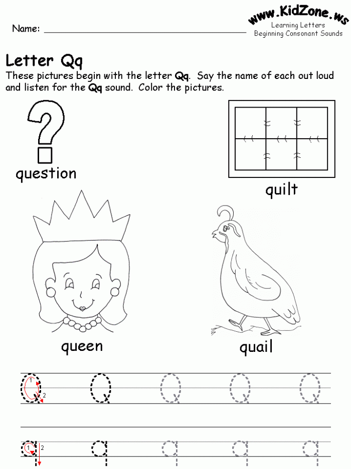 Pre-K phonics worksheet featuring illustrations of objects that begin with the letter Q