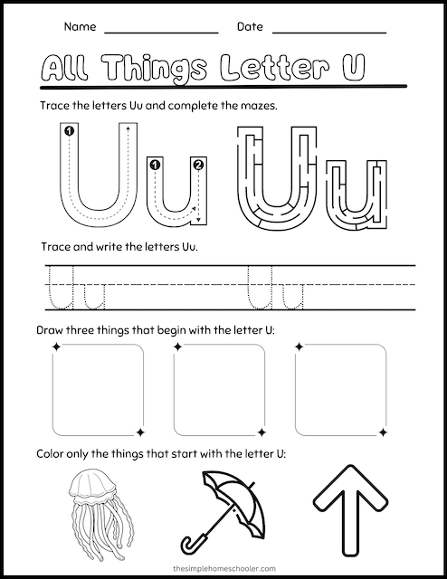 Pre-K phonics worksheet for identifying objects that start with the letter U