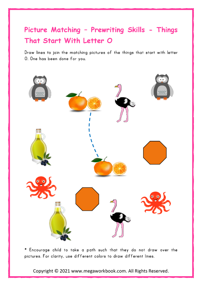 Pre-K phonics worksheet featuring various objects that begin with the letter O for children to identify