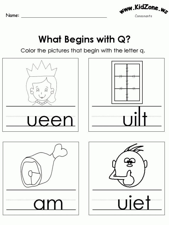 Pre-K worksheet featuring illustrations of various objects that start with the letter Q for phonics practice