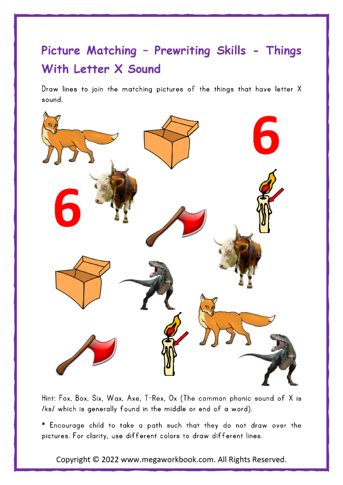 Pre-K phonics worksheet featuring illustrations of various objects to help children identify words that start with the letter X